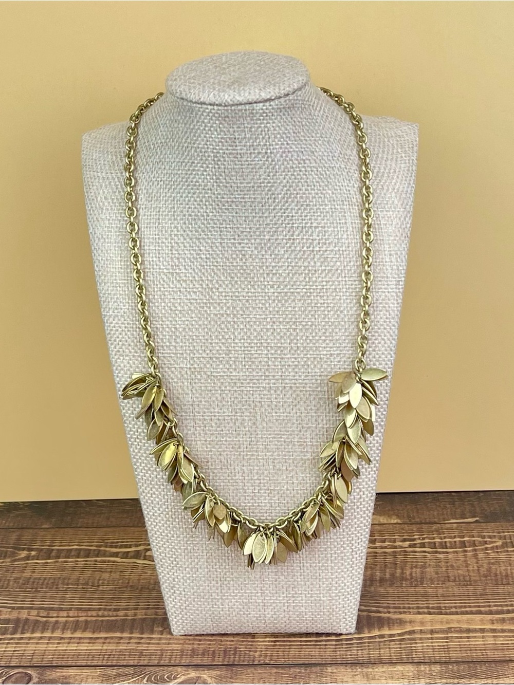 J Crew Vintage Gold Leaf Fringe Cluster Statement Necklace